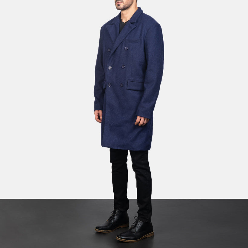Claud Blue Wool Double-Breasted Coat til Mænd