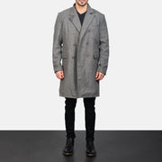 Men's Claud Grey Wool Double Breasted Coat - Lateral Side Profile View Showing Sleeve Cut & Athletic Taper Fit
