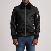 Clyde B-15 Black Bomber Jacket in Black Satin - Front Profile View &amp; Tailored Silhouette | Buy Online