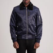 Clyde B-15 Blue Læder Bomberjakke til Mænd in Blue Satin - Front Profile View &amp; Tailored Silhouette | Buy Online