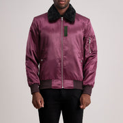 Clyde B-15 Maroon Læder Bomberjakke til Mænd in Maroon Satin - Front Profile View &amp; Tailored Silhouette | Buy Online