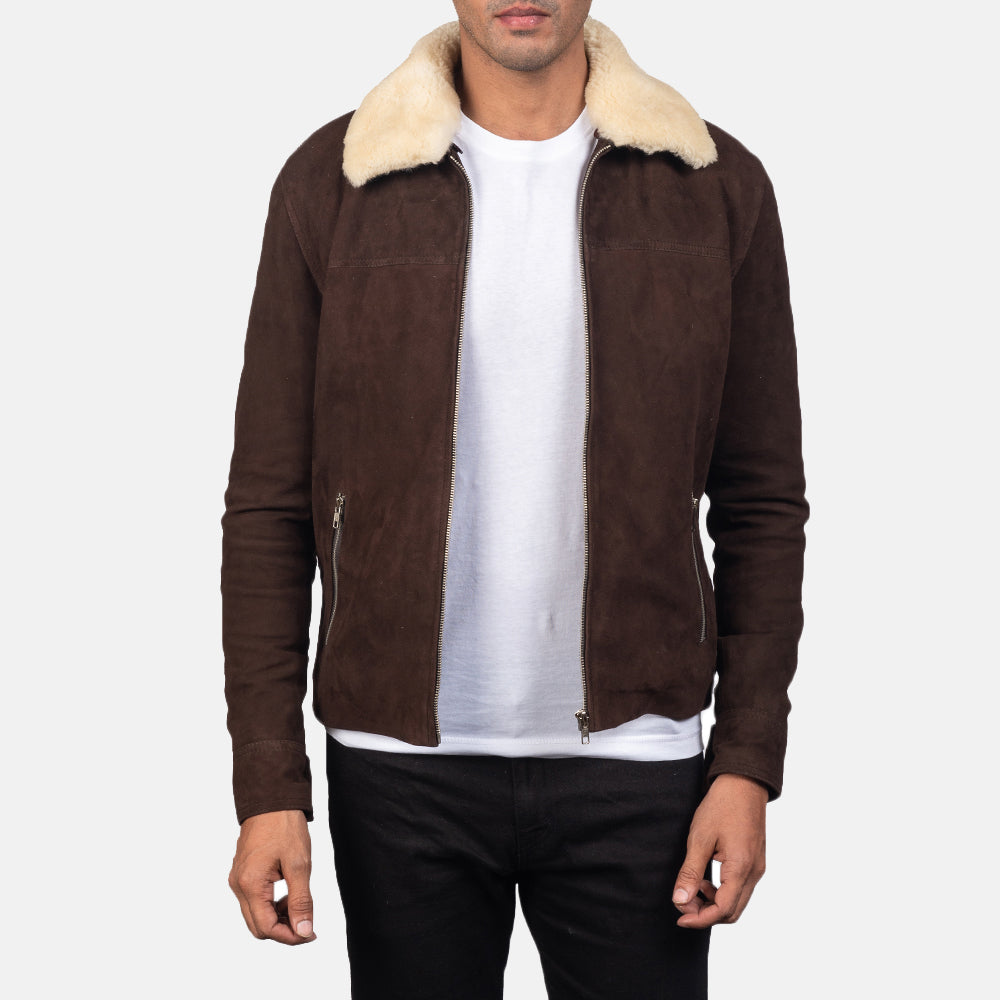 Men's Coffner Brun Shearling Fur Læderjakke til Mænd in Distressed Brown Goatskin Suede - Front Profile View &amp; Tailored Silhouette | Buy Online