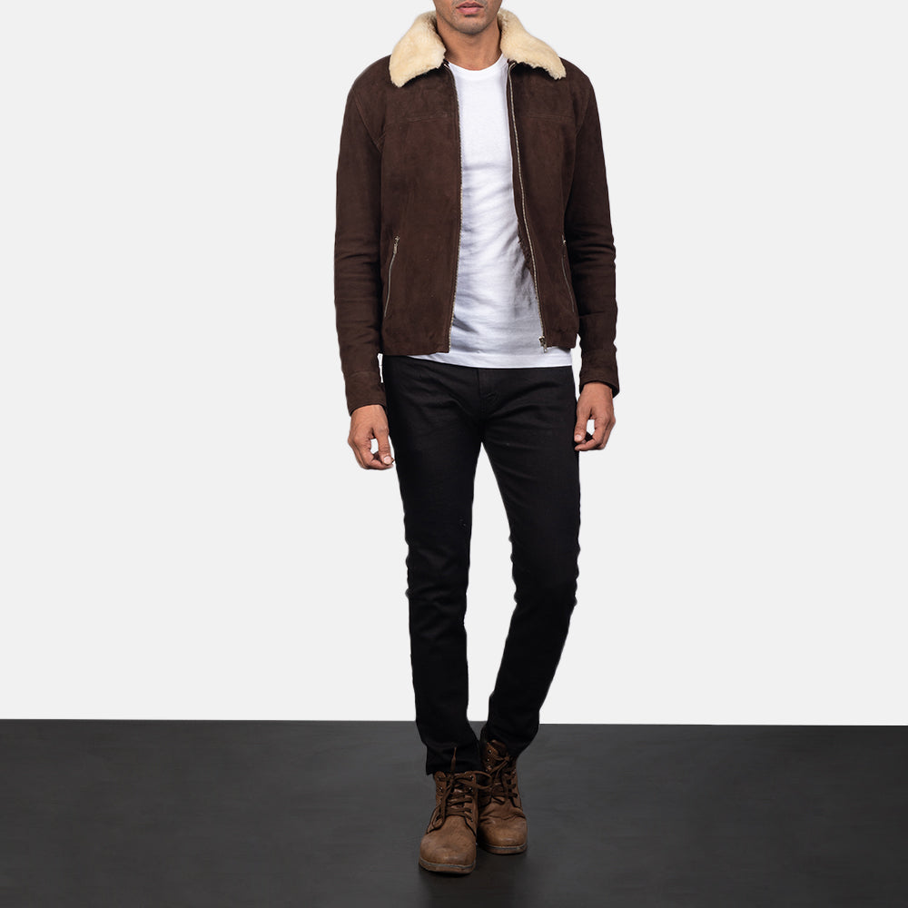 Men's Coffner Brun Shearling Fur Læderjakke til Mænd - Lateral Side Profile View Showing Sleeve Cut &amp; Athletic Taper Fit