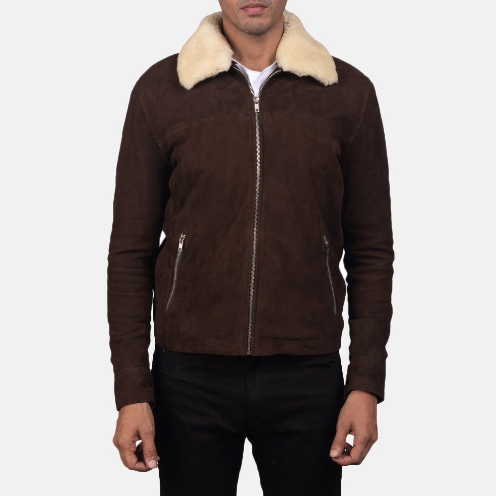 Close-Up Detail of Shirt with Removable Fur Collar &amp; Zipper Hardware on Men's Coffner Brun Shearling Fur Læderjakke til Mænd