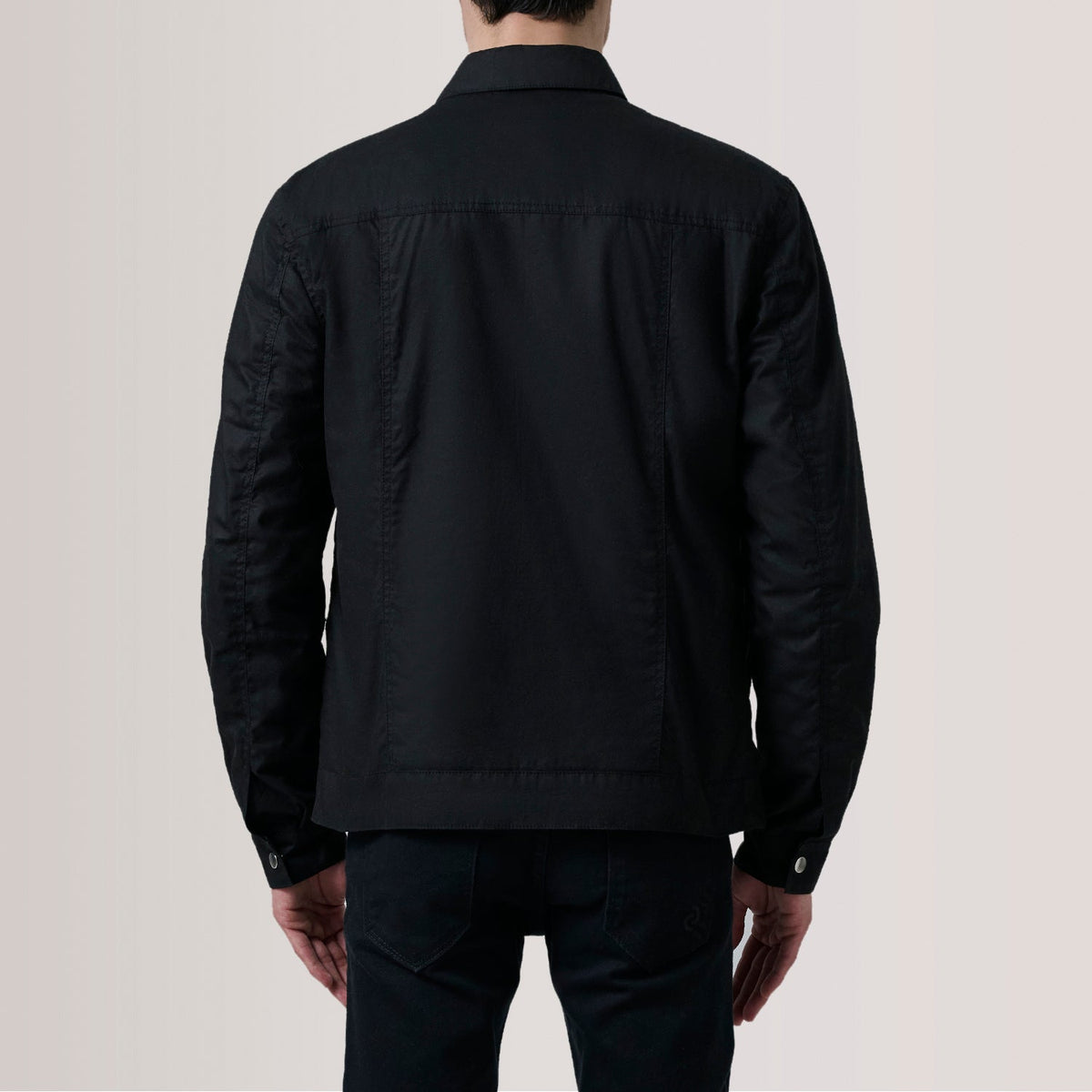
Nærbillede of Classic Collar & Snap Button Hardware on Colberto Sort Waxed Canvas Trucker Læderjakke til Mænd For Men