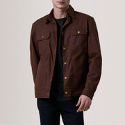 Colberto Brun Waxed Canvas Trucker Læderjakke til Mænd For Men in Brown Waxed Cotton Canvas - Front Profile View &amp; Tailored Silhouette | Buy Online