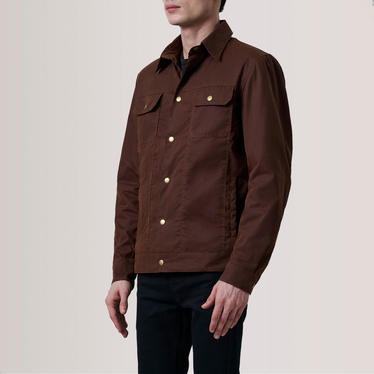 Colberto Brun Waxed Canvas Trucker Læderjakke til Mænd For Men - Lateral Side Profile View Showing Sleeve Cut &amp; Athletic Taper Fit
