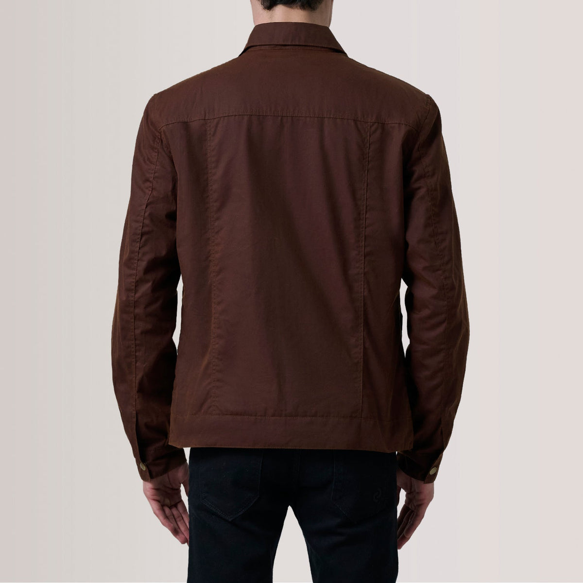 Close-Up Detail of Classic Collar &amp; Snap Button Hardware on Colberto Brun Waxed Canvas Trucker Læderjakke til Mænd For Men