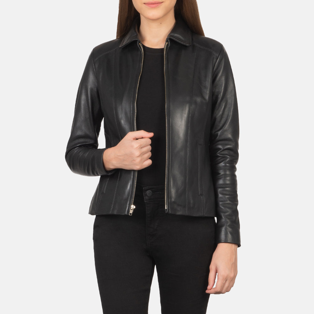 Women Colette Sort Læderjakke til Kvinder in Black Sheepskin Leather - Front Profile View &amp; Tailored Silhouette | Buy Online