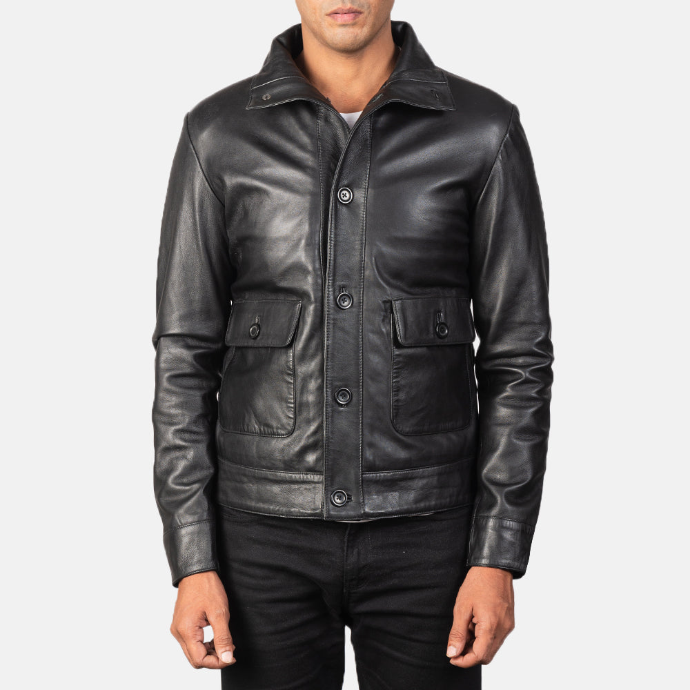 Norman Black Hooded Bomber Leather Puffer Jacket in Blue Sheepskin Leather - Front Profile View &amp; Tailored Silhouette | Buy Online