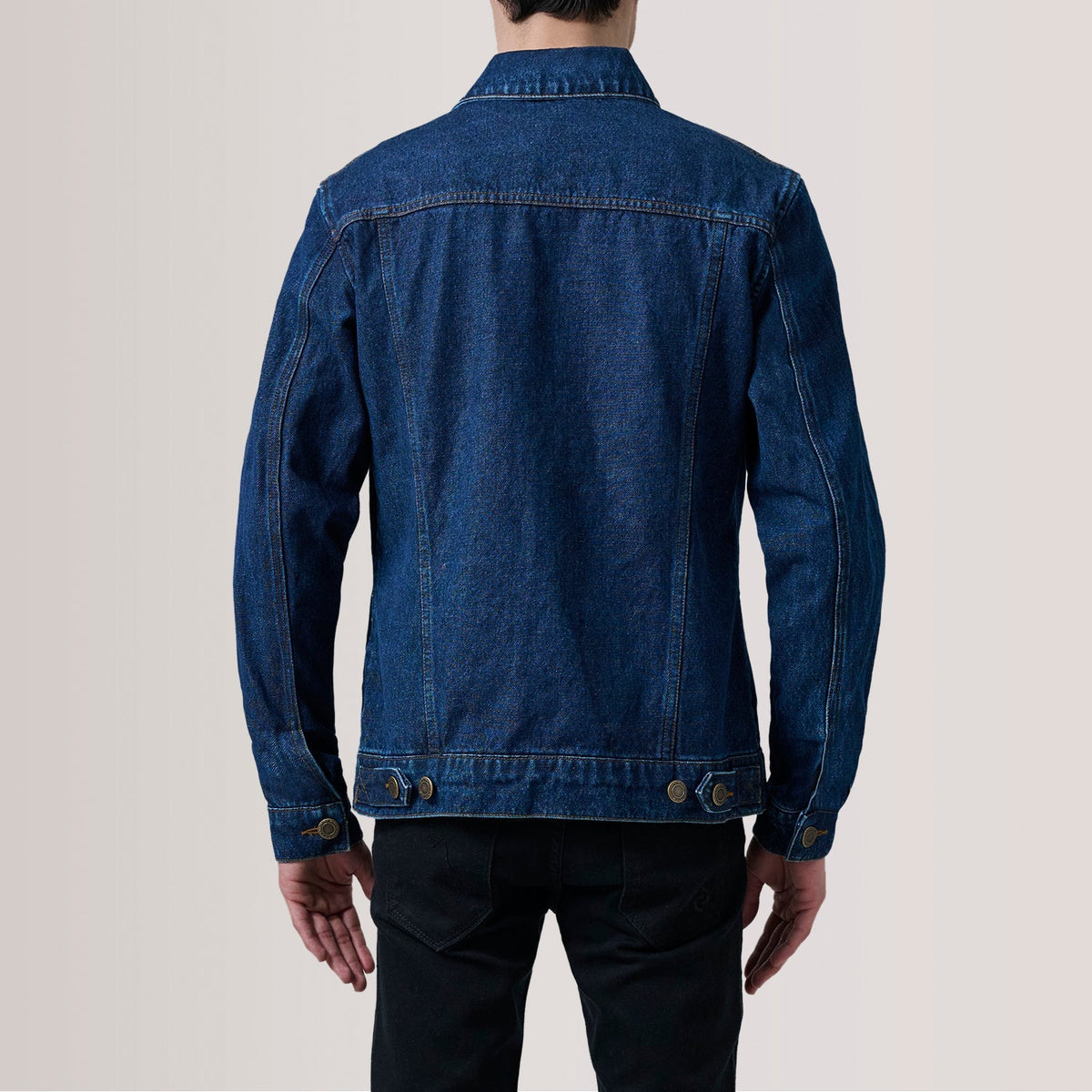 Close-Up Detail of Classic Collar &amp; Heavy-Duty Zipper Hardware on Conard Dark Blue Denim Trucker Læderjakke til Mænd For Men
