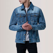 Conard Ice Blue Denim Trucker Læderjakke til Mænd For Men in Ice Blue Full-Grain Leather - Front Profile View &amp; Tailored Silhouette | Buy Online