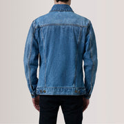 Close-Up Detail of Classic Collar &amp; Heavy-Duty Zipper Hardware on Conard Ice Blue Denim Trucker Læderjakke til Mænd For Men
