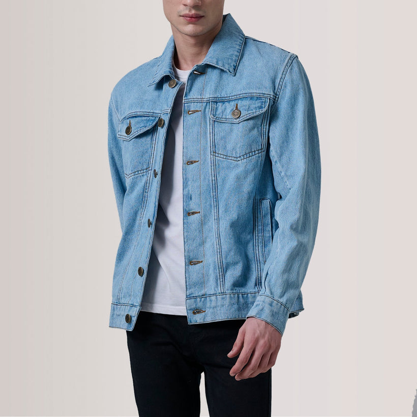 Conard Light Blå Denim Trucker Læderjakke til Mænd