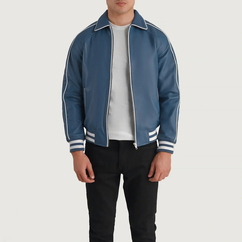 Cooper Blue Leather Varsity Læderjakke til Mænd