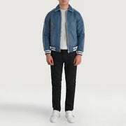 Cooper Blue Leather Varsity Læderjakke til Mænd - Lateral Side Profile View Showing Sleeve Cut &amp; Athletic Taper Fit