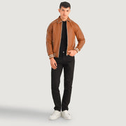 Cooper Lys brun Brun Leather Varsity Læderjakke til Mænd in Tan Brown Sheepskin Leather - Front Profile View &amp; Tailored Silhouette | Buy Online