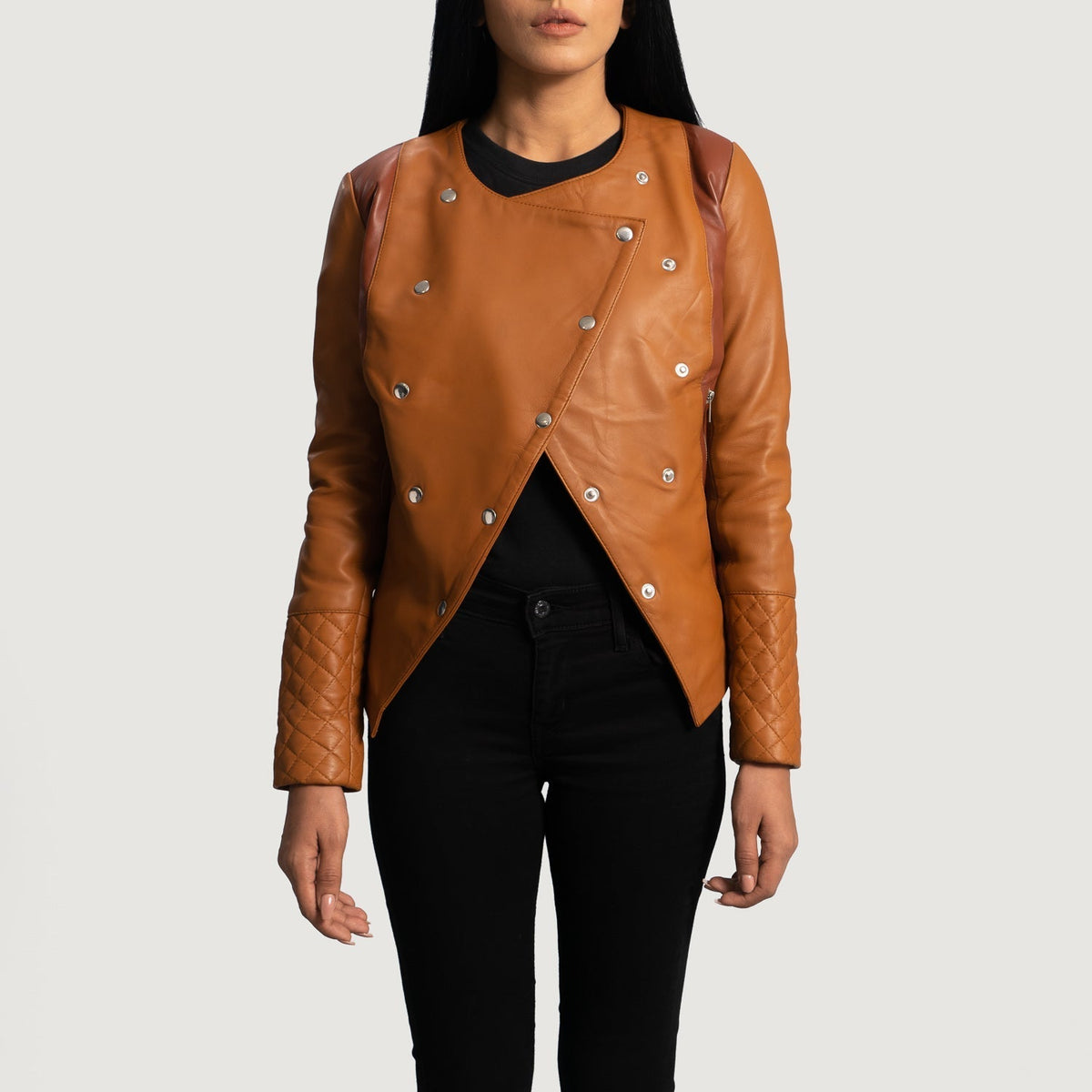 Women's County Lys brun Overlap Læderjakke til Kvinder - Lateral Side Profile View Showing Sleeve Cut &amp; Athletic Taper Fit