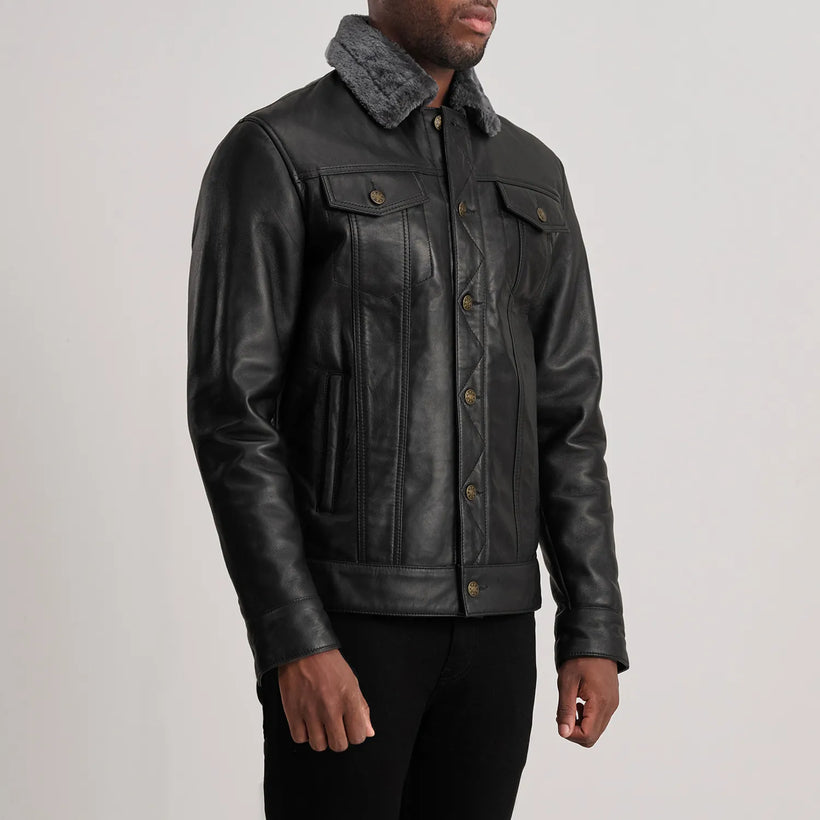 Dallis Sort Leather Shearling Trucker Læderjakke til Mænd