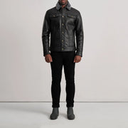 Dallis Sort Leather Shearling Trucker Læderjakke til Mænd - Lateral Side Profile View Showing Sleeve Cut &amp; Athletic Taper Fit