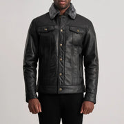 Close-Up Detail of Classic Collar &amp; Button Hardware on Dallis Sort Leather Shearling Trucker Læderjakke til Mænd