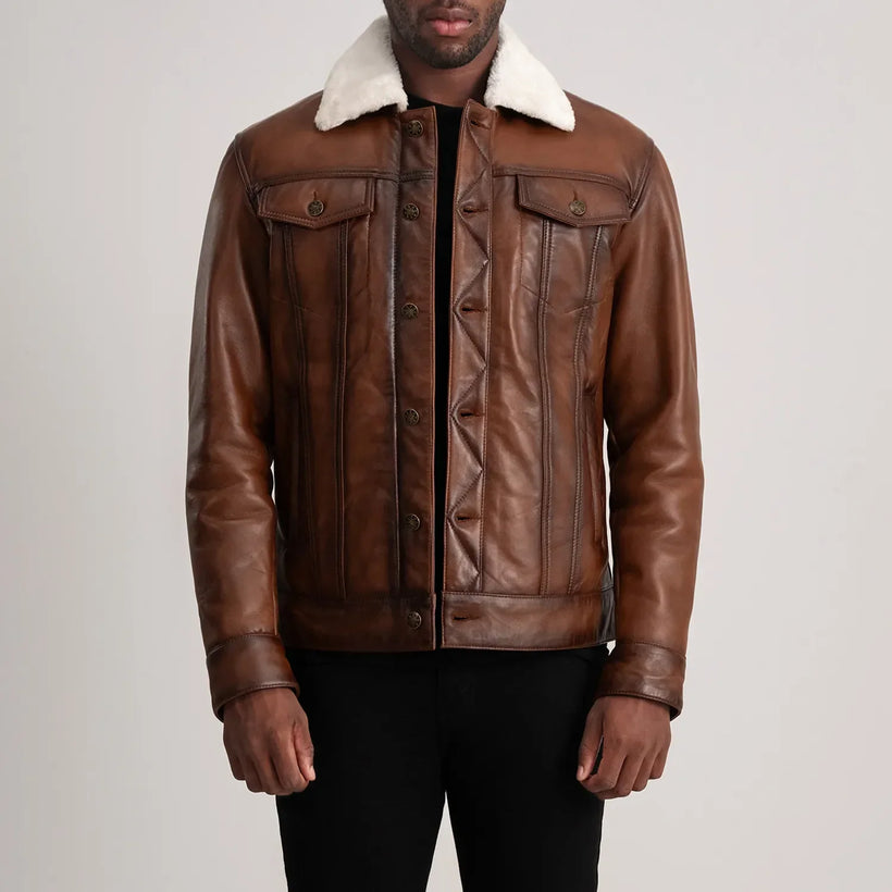 Dallis Brun Leather Shearling Trucker Læderjakke til Mænd