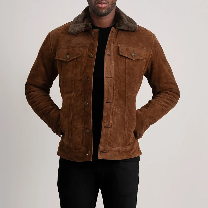 Dallis Brun Suede Shearling Trucker Læderjakke til Mænd