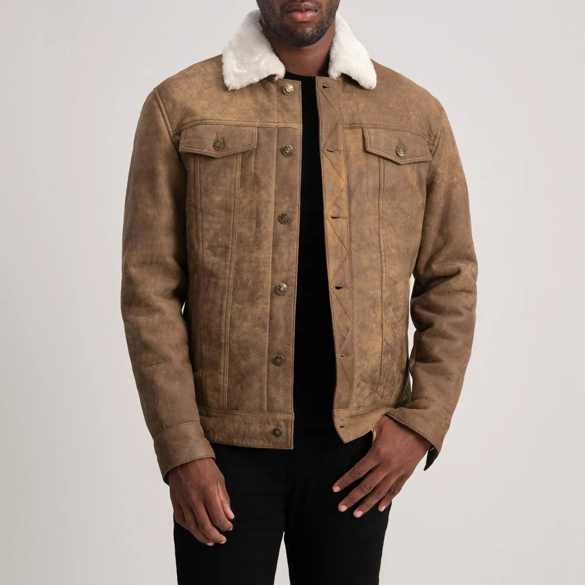 
Dallis Snuffed Brown Shearling Trucker Jacket in Distressed Brown Sheepskin Snuffed - Forfra med skræddersyet silhuet | Køb online