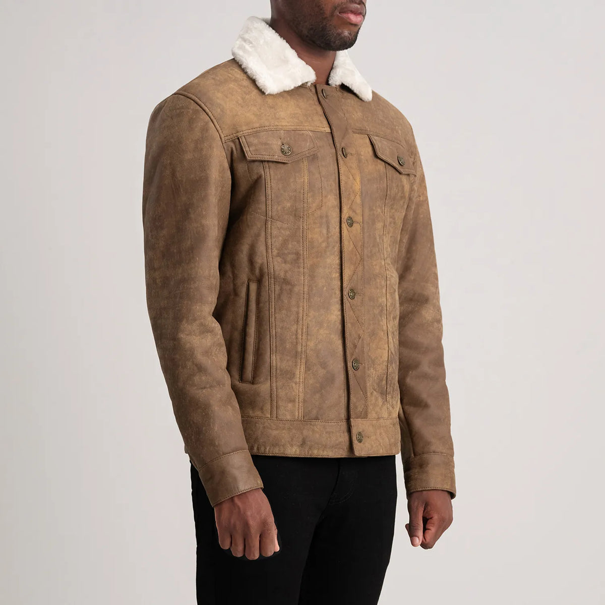 
Distressed Brown Sheepskin Snuffed Aviator Jacket - Bagfra med tilpassede skuldre og ren kant