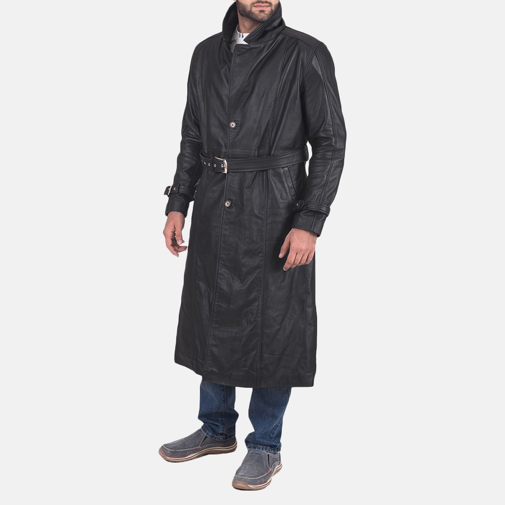 
Daniel Sort Trenchcoat i Læder til Mænd - Bagfra med tilpassede skuldre og ren kant
