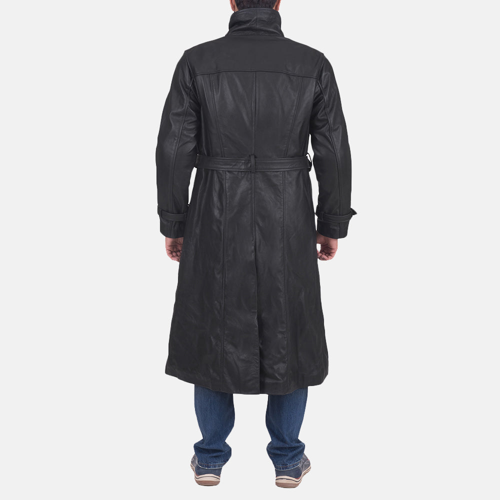 
Nærbillede of Classic Collar & Button & Waist belt Hardware on Daniel Sort Trenchcoat i Læder til Mænd