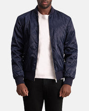Danson Quilted Blue Varsity Læderjakke til Mænd - Lateral Side Profile View Showing Sleeve Cut &amp; Athletic Taper Fit