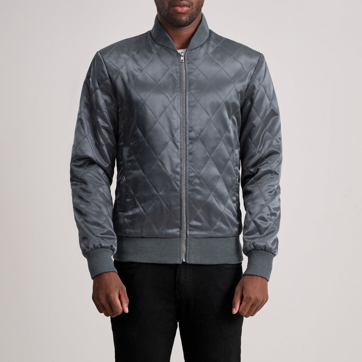 Danson Quilted Grey Varsity Læderjakke til Mænd in Grey Satin - Front Profile View &amp; Tailored Silhouette | Buy Online