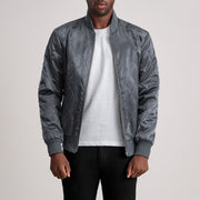 Danson Quilted Grey Varsity Læderjakke til Mænd - Lateral Side Profile View Showing Sleeve Cut &amp; Athletic Taper Fit