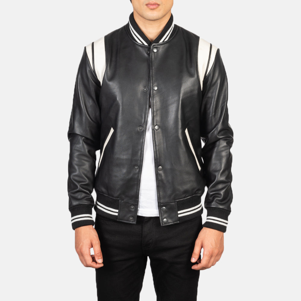 Men's Dantee Sort Leather Varsity Læderjakke til Mænd in Black &amp; White Sheepskin Leather - Front Profile View &amp; Tailored Silhouette | Buy Online