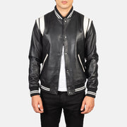 Men's Dantee Sort Leather Varsity Læderjakke til Mænd in Black &amp; White Sheepskin Leather - Front Profile View &amp; Tailored Silhouette | Buy Online