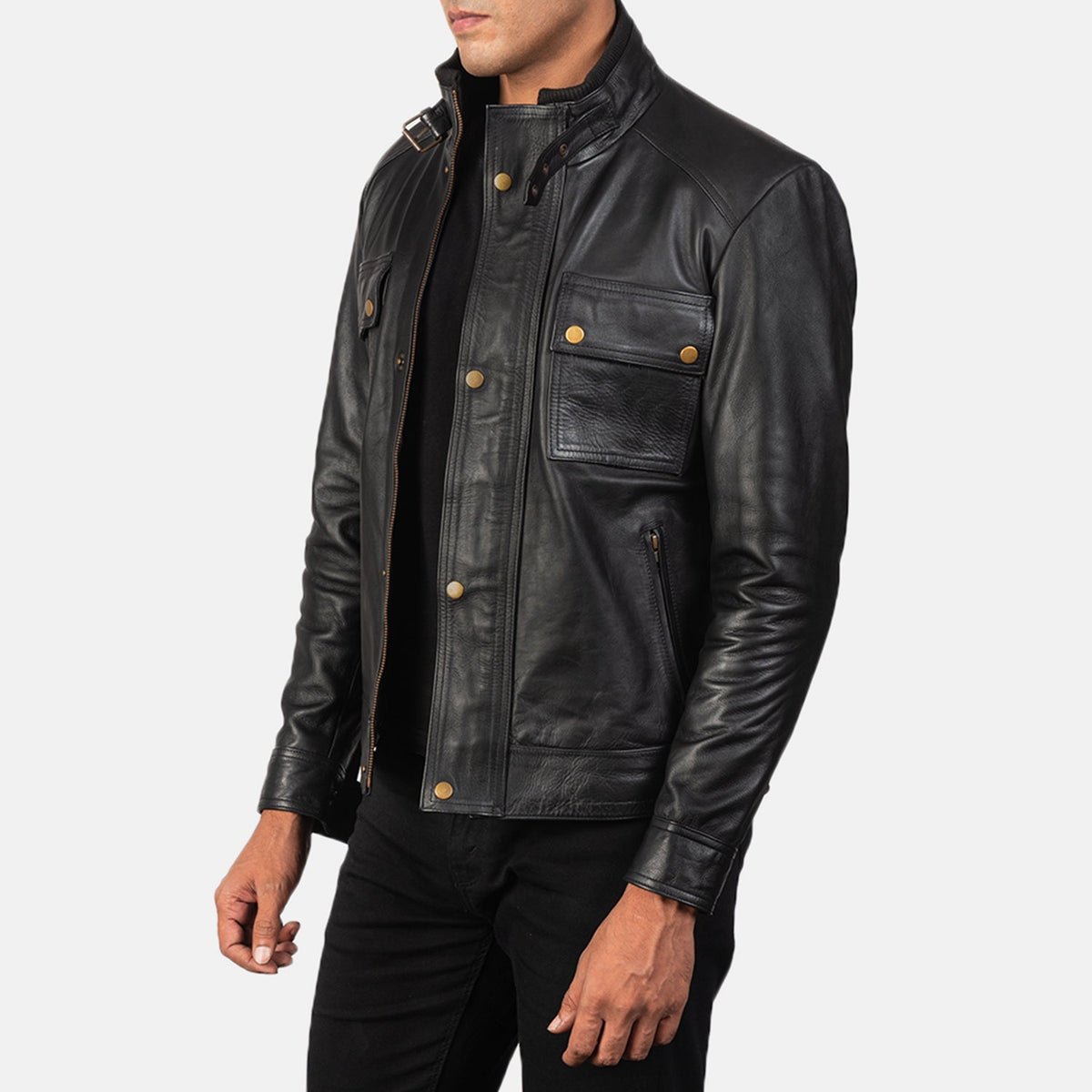 
Black 100% Full-Grain Leather Biker Jacket - Bagfra med tilpassede skuldre og ren kant