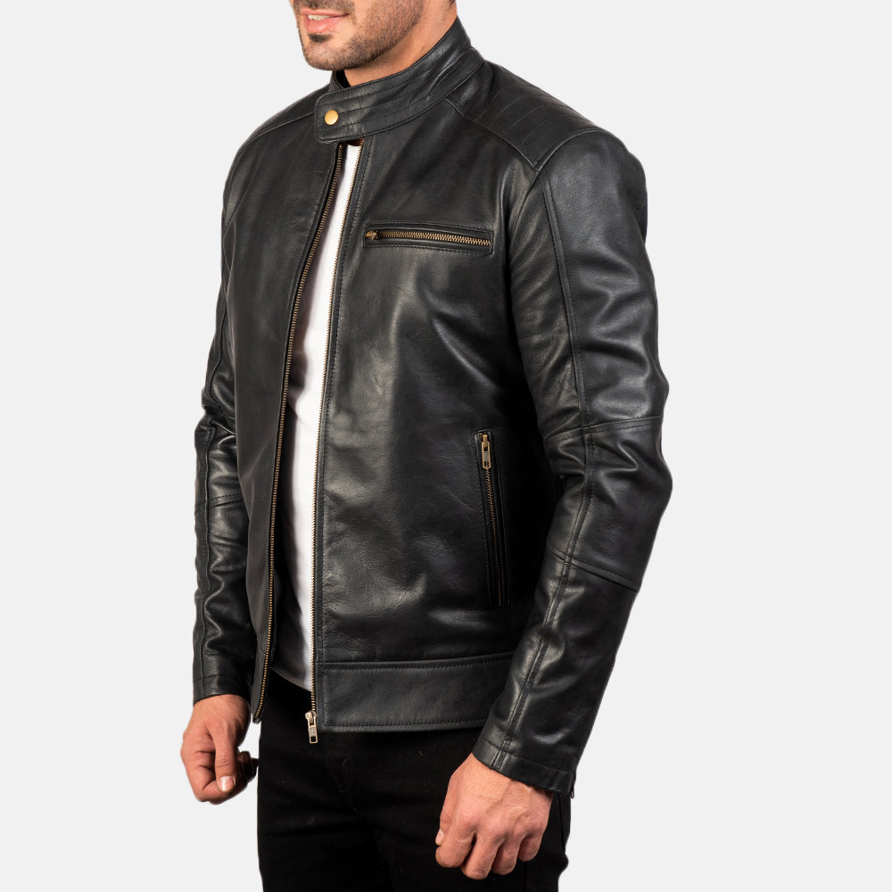 Dean Sort Læder Bikerjakke til Mænd - Back View Showing Tailored Shoulder Fit &amp; Clean Hemline