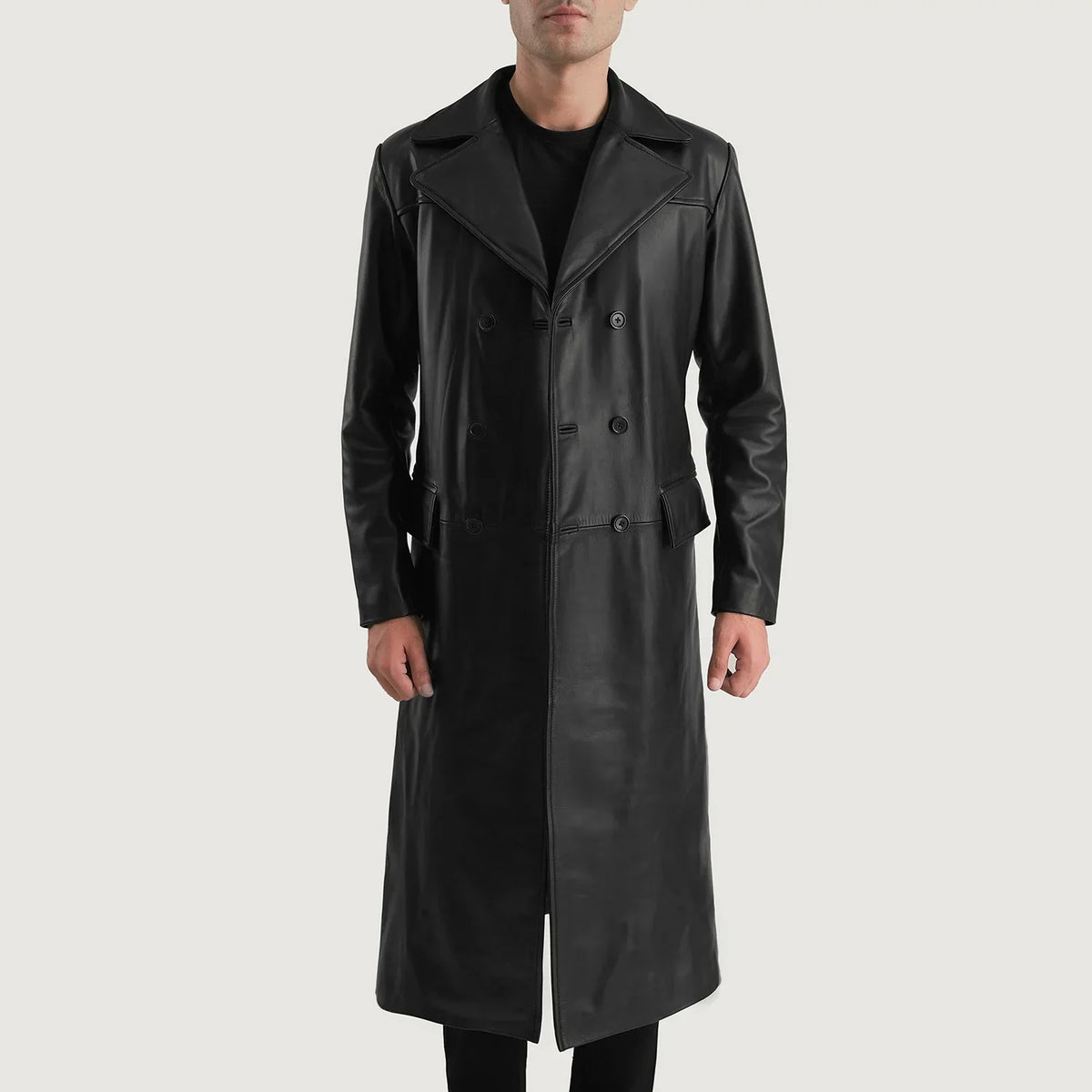 
Delmar Black Leather Double Breasted Coat in Black Cowhide Leather - Forfra med skræddersyet silhuet | Køb online