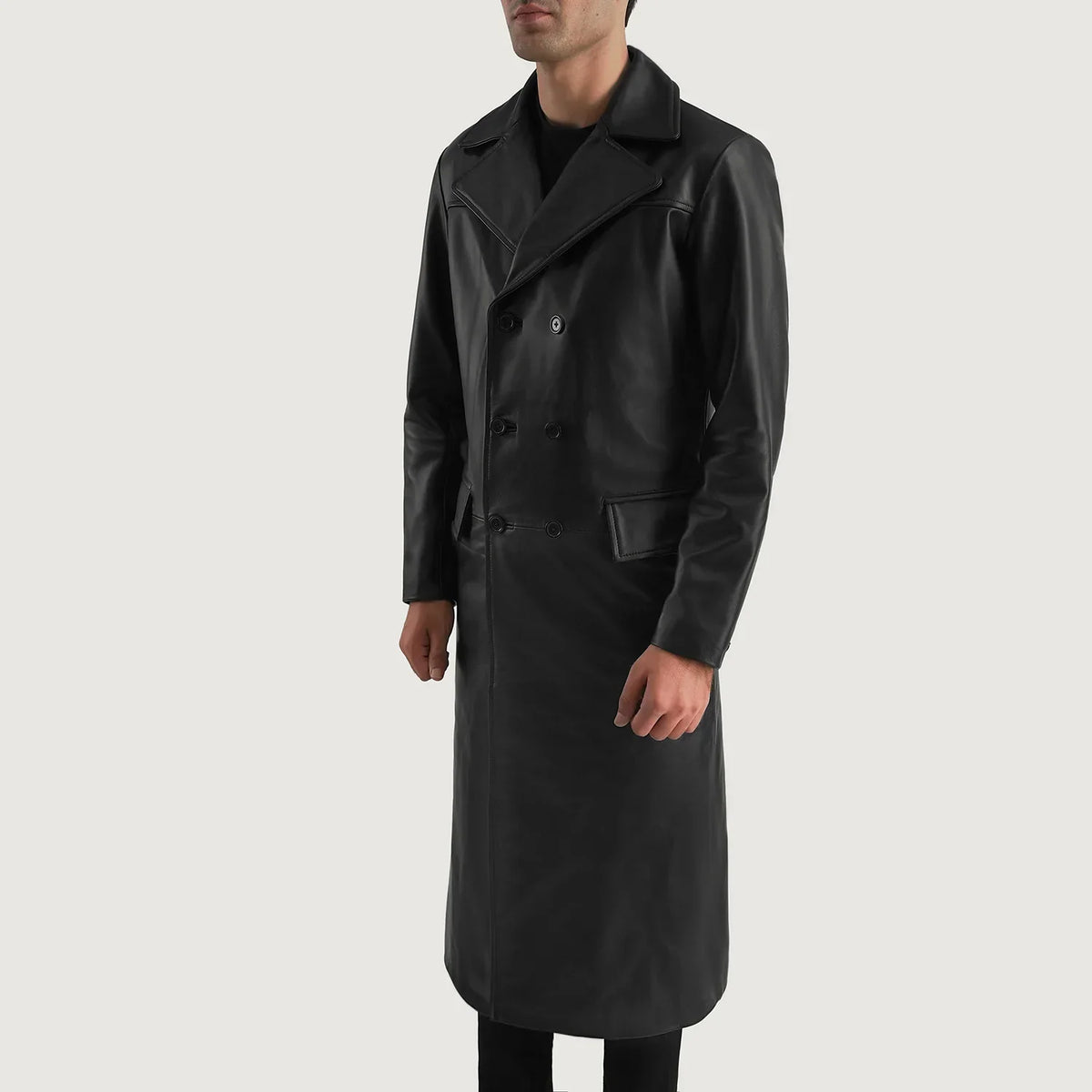 
Black Cowhide leather Coat - Bagfra med tilpassede skuldre og ren kant
