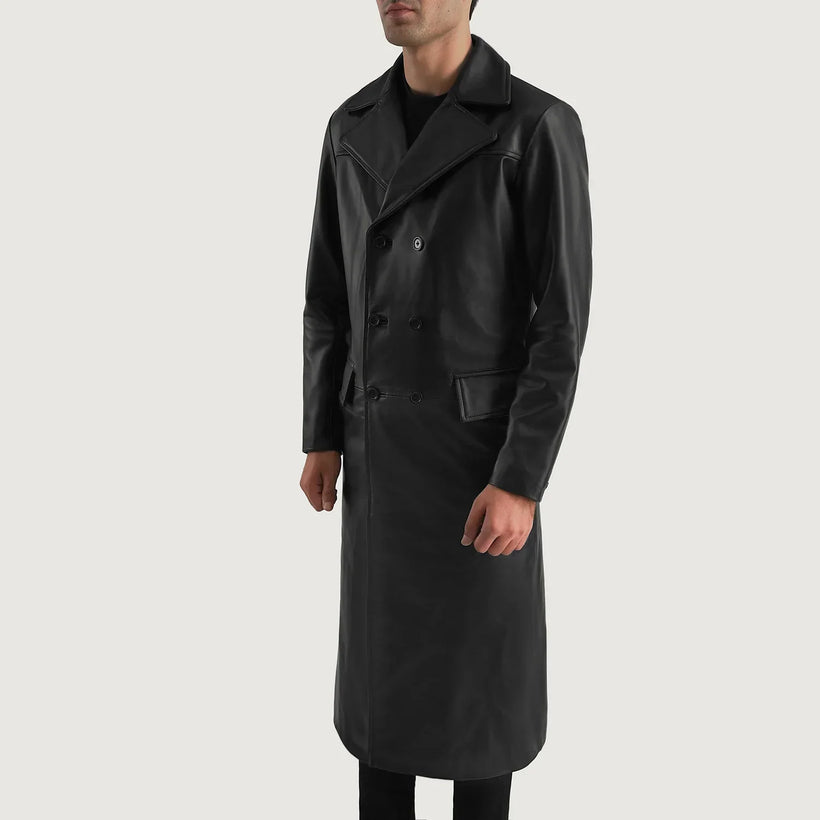 Delmar Sort Leather Double-Breasted Coat til Mænd