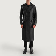 
Delmar Black Leather Double Breasted Coat - Sideprofil med ergonomisk ærmesnit
