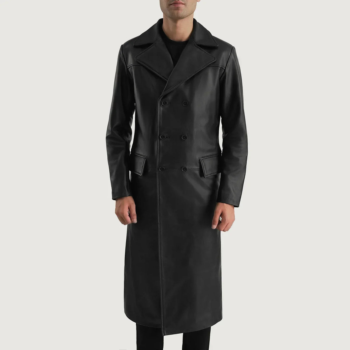 
Nærbillede of Notch & Button Hardware on Delmar Black Leather Double Breasted Coat