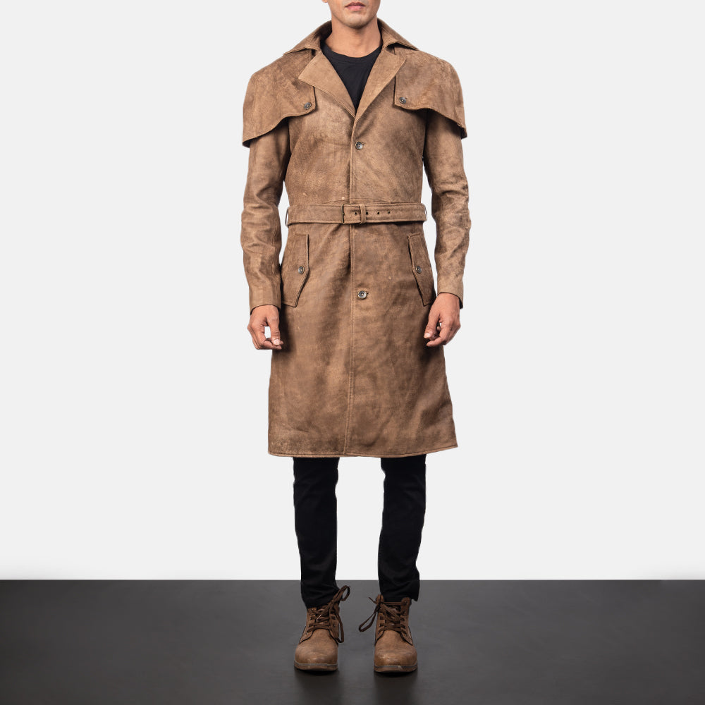 
Nærbillede of Classic Collar & Buttons + Belt Hardware on Deux Brun Leather Duster til Mænd