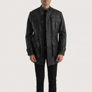 Dolf Sort Læderjakke til Mænd in Black Cowhide Leather - Front Profile View &amp; Tailored Silhouette | Buy Online