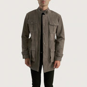 Dolf Grey Suede Læderjakke til Mænd in Grey Cowhide Suede - Front Profile View &amp; Tailored Silhouette | Buy Online