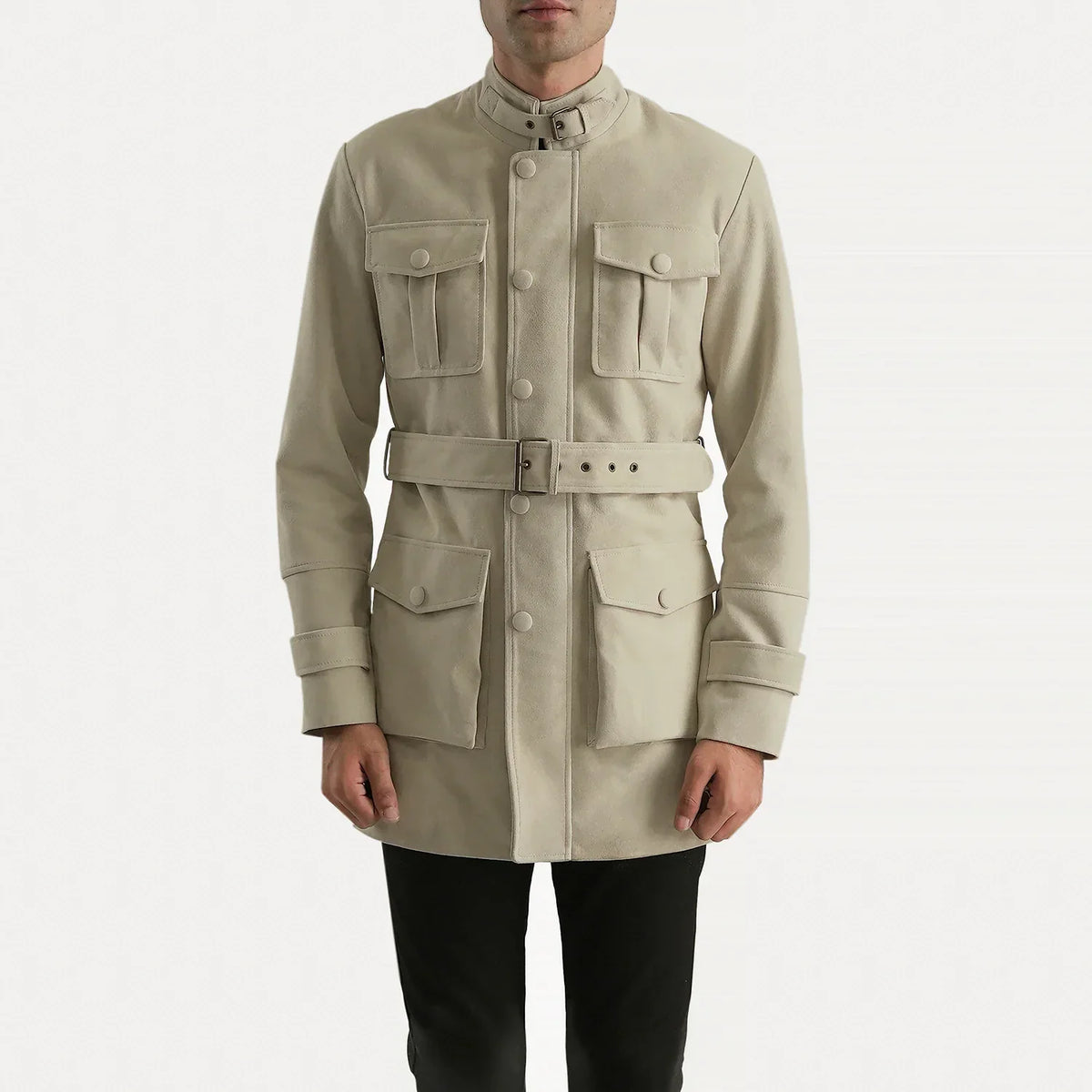 Dolf Off-White Suede Læderjakke til Mænd in Off-White Cowhide Suede - Front Profile View &amp; Tailored Silhouette | Buy Online