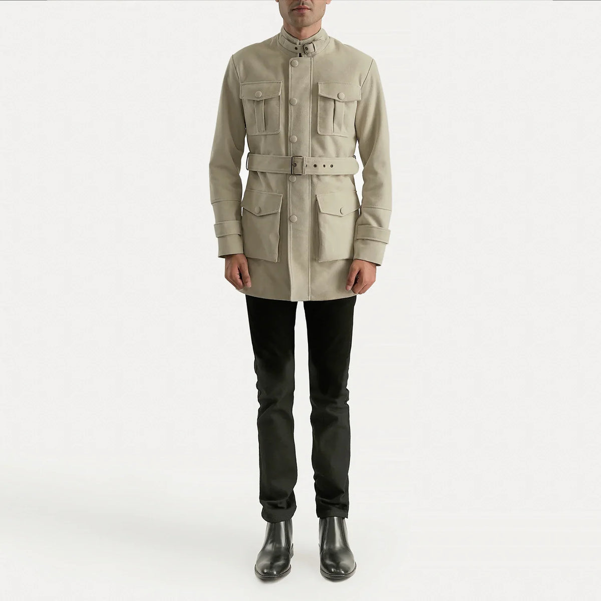 Dolf Off-White Suede Læderjakke til Mænd - Lateral Side Profile View Showing Sleeve Cut &amp; Athletic Taper Fit