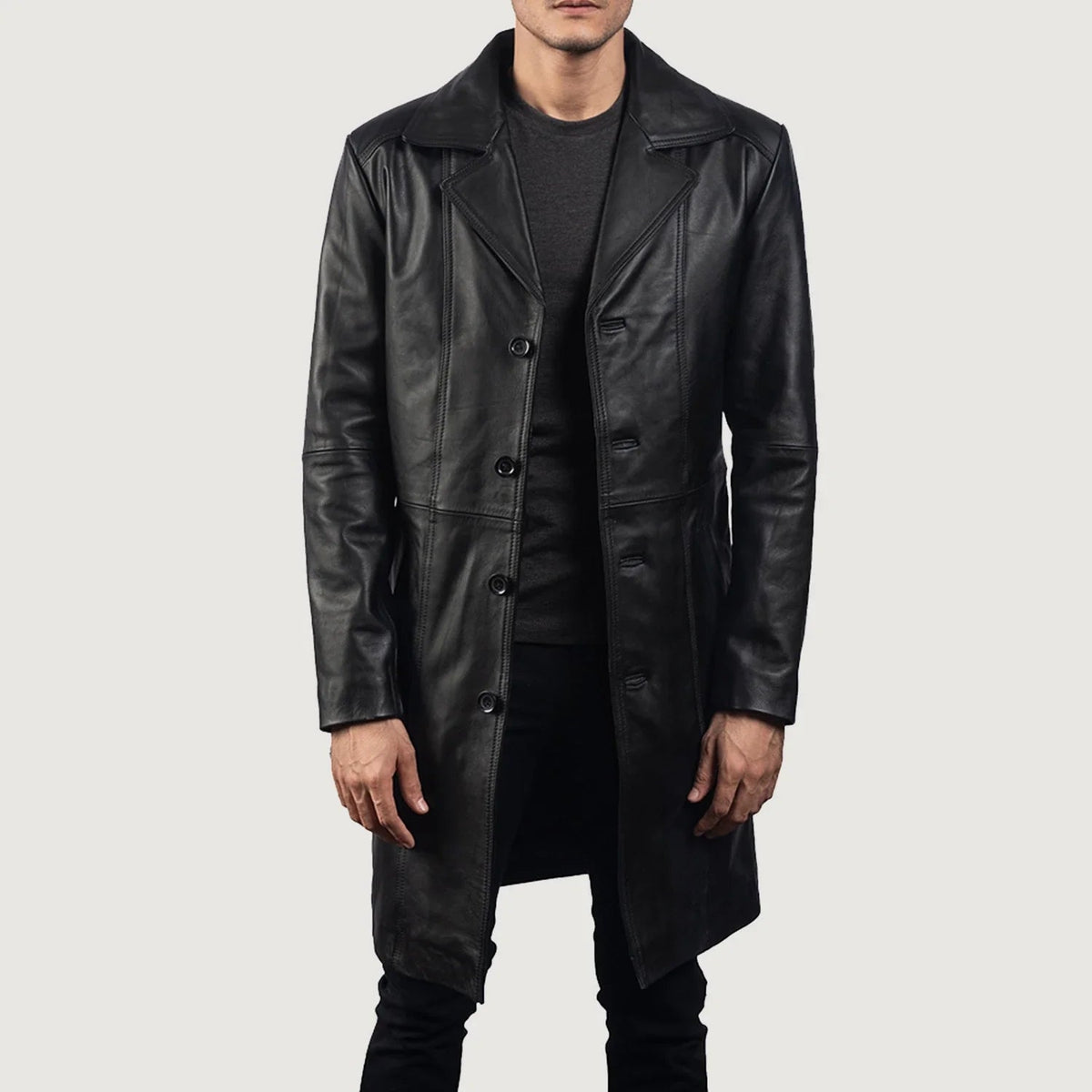 Men's Don Long Sort Leather Coat til Mænd in Black Cowhide Leather - Front Profile View &amp; Tailored Silhouette | Buy Online