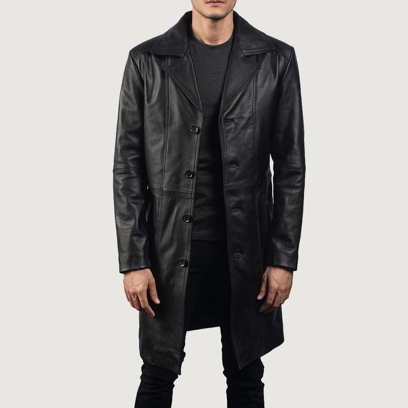 Don Long Sort Leather Coat til Mænd